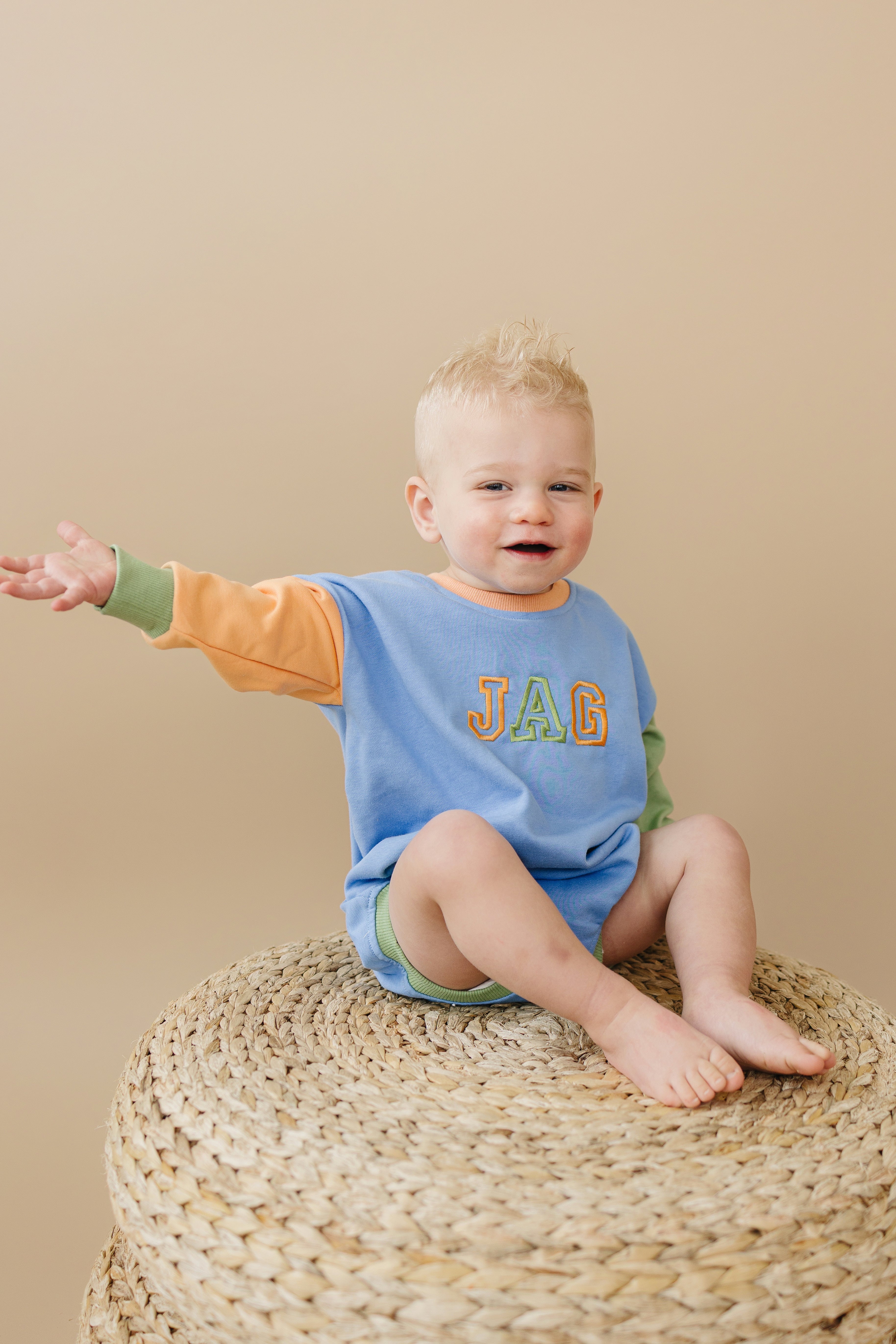 Custom Embroidered Colorblock Sweatshirt Romper - Orange Blue Green
