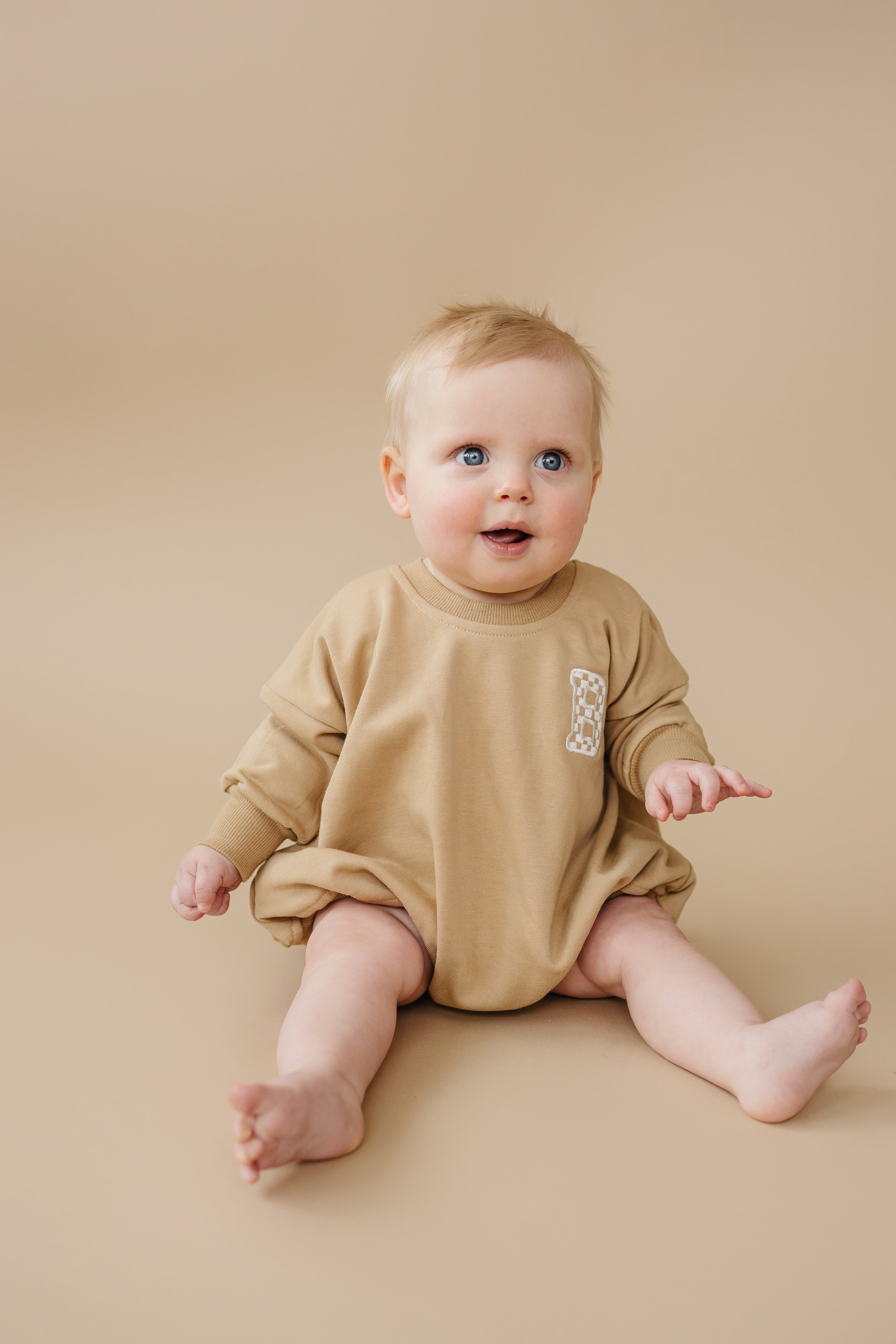 Custom Embroidered Sweatshirt Romper - Camel
