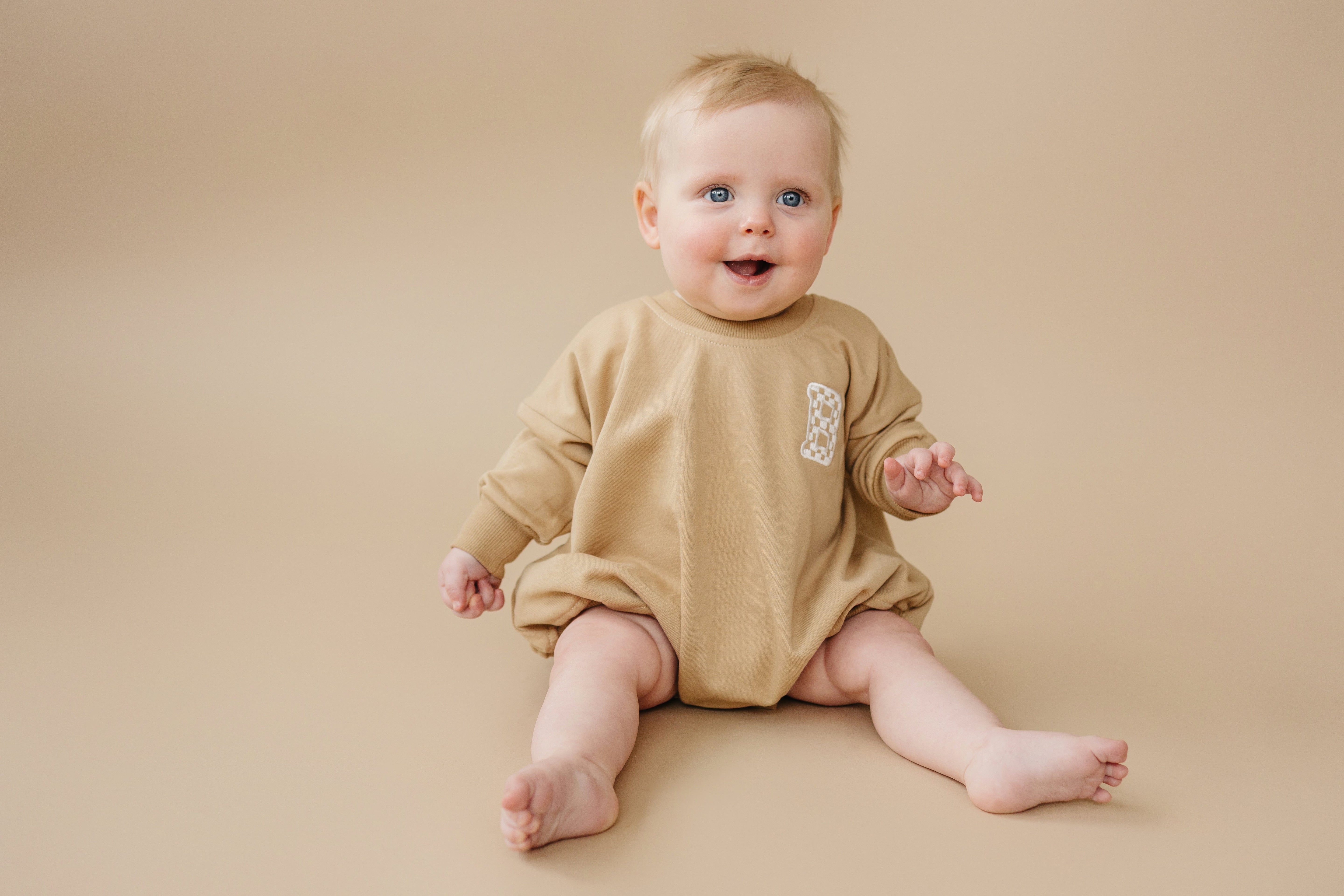 Custom Embroidered Sweatshirt Romper - Camel