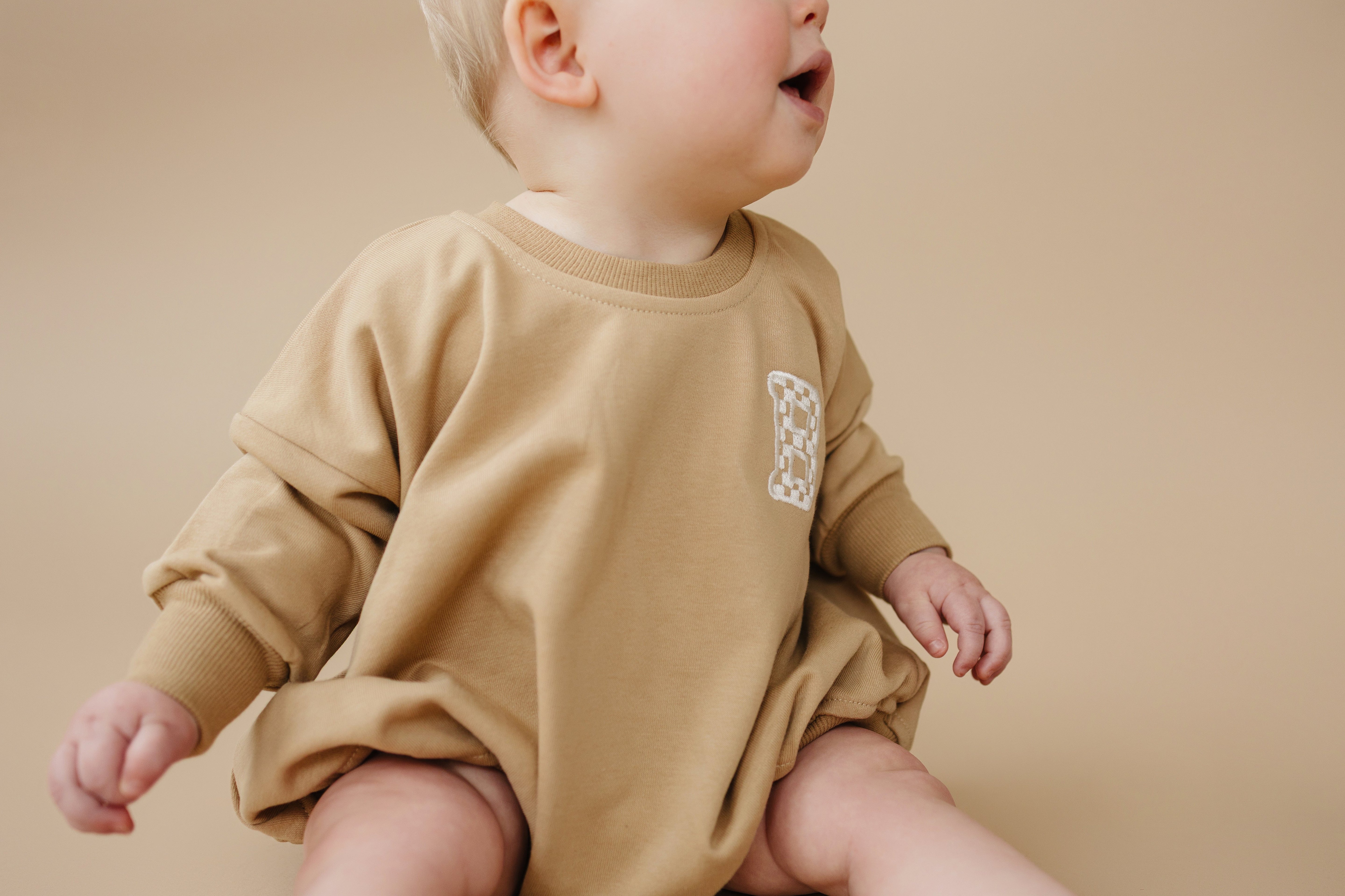 Custom Embroidered Sweatshirt Romper - Camel