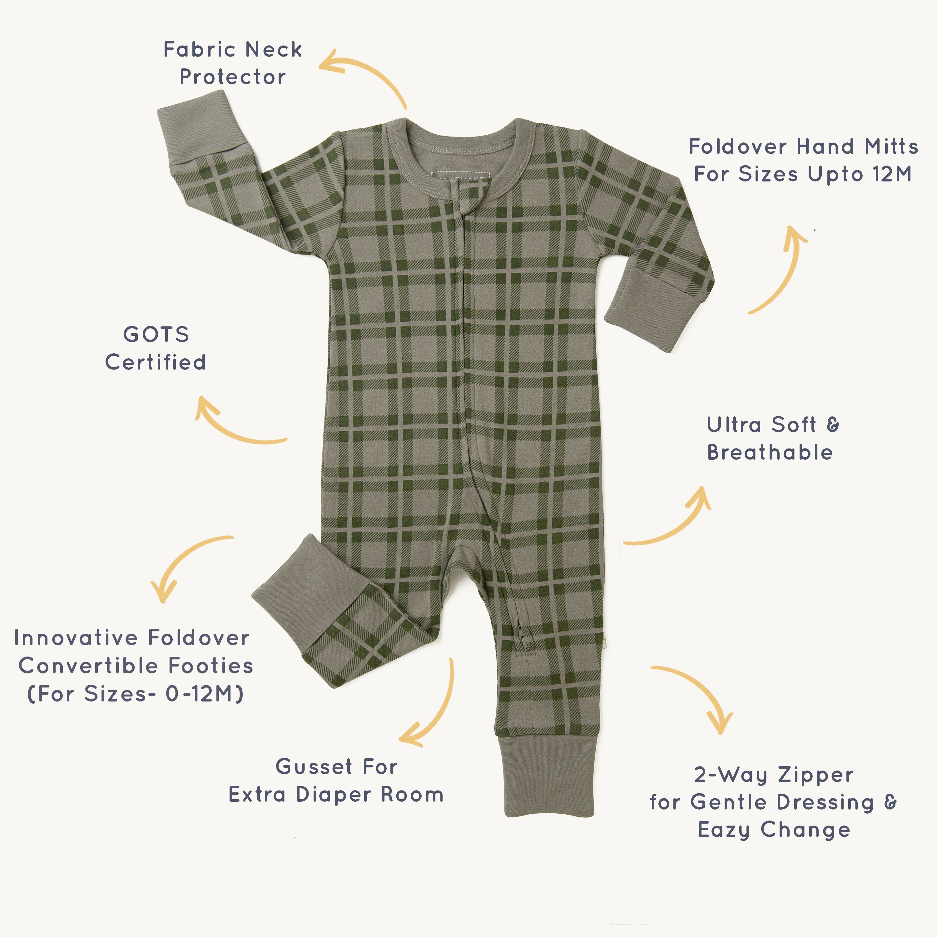 Organic Baby 2-Way Zip Romper - Plaid Zippered Romper Makemake Organics   