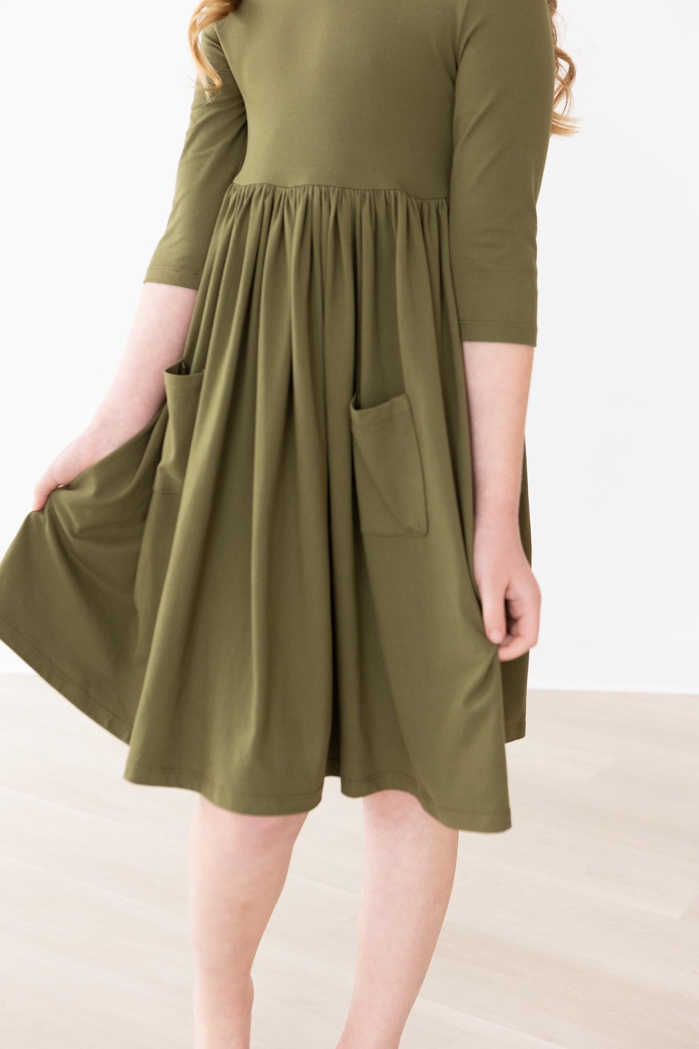 Olive 3/4 Sleeve Pocket Twirl Dress