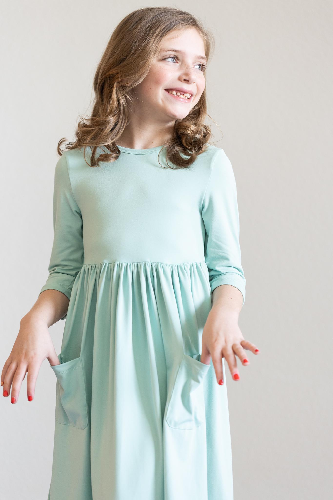 Sage 3/4 Sleeve Pocket Twirl Dress