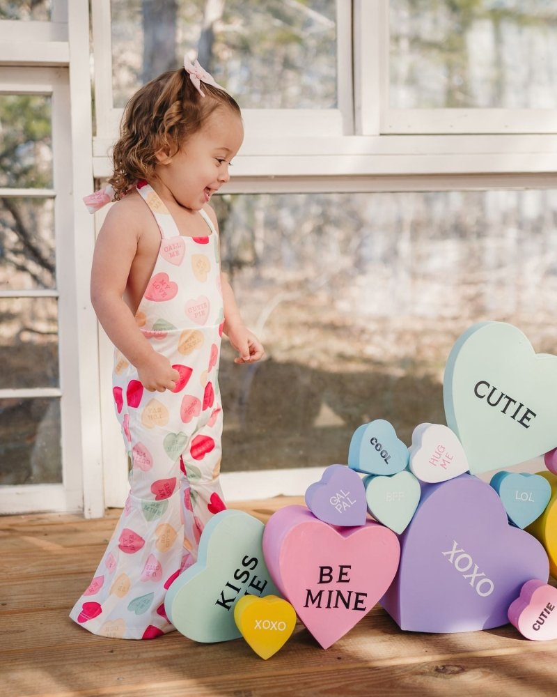 Andi Pleated Bell Bottom Jumpsuit - Conversation Hearts
