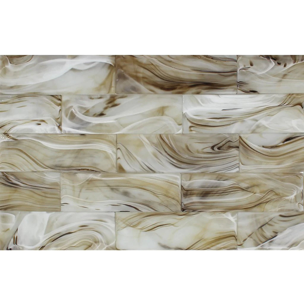 Arcus White on Brown 3"x9" Glass Subway Tile Clouds Series - Aquatica Collection