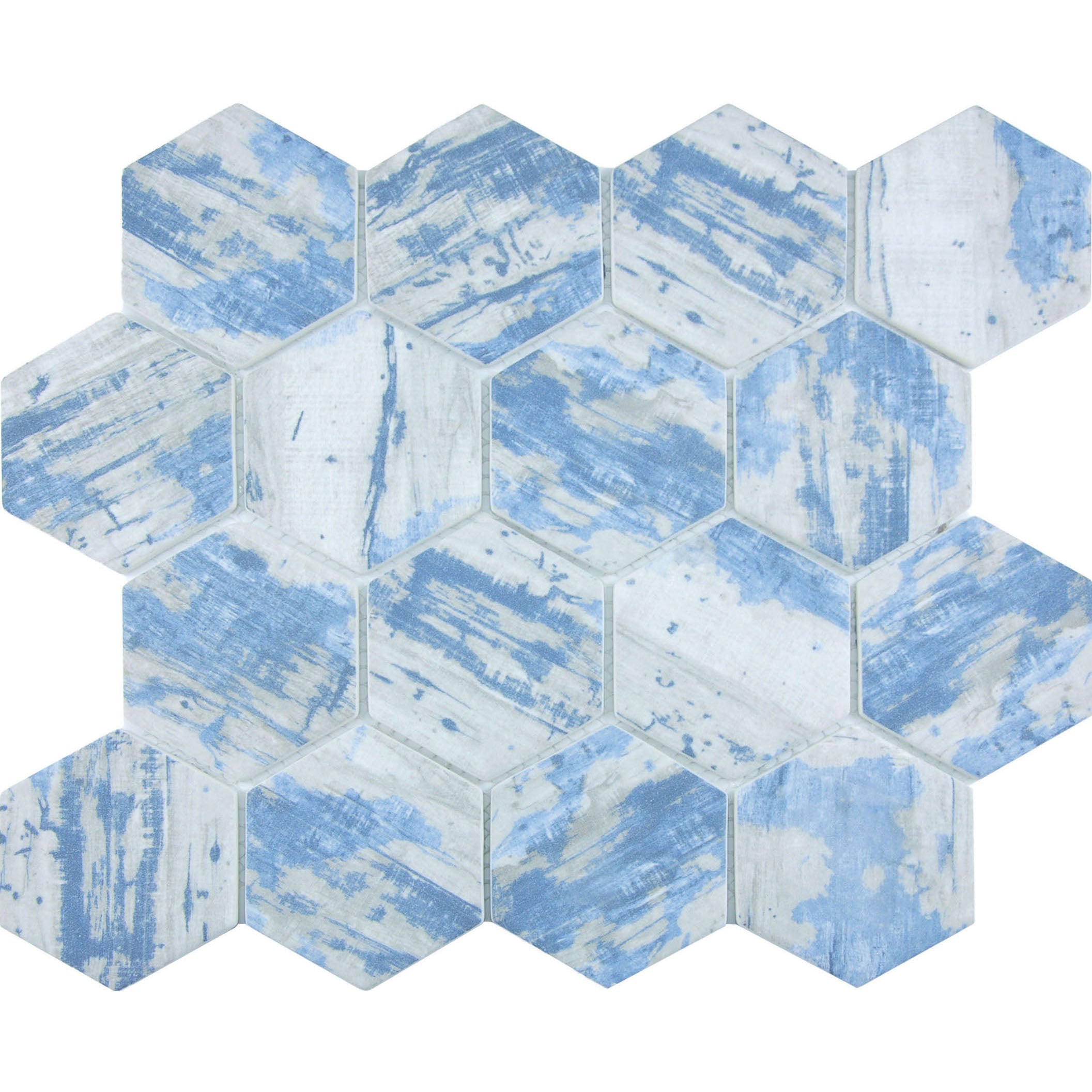 Aspen 3" Hexagon on 11.75"x10.25" Mesh Glass Mosaic Tile Bark Series - Aquatica Collection