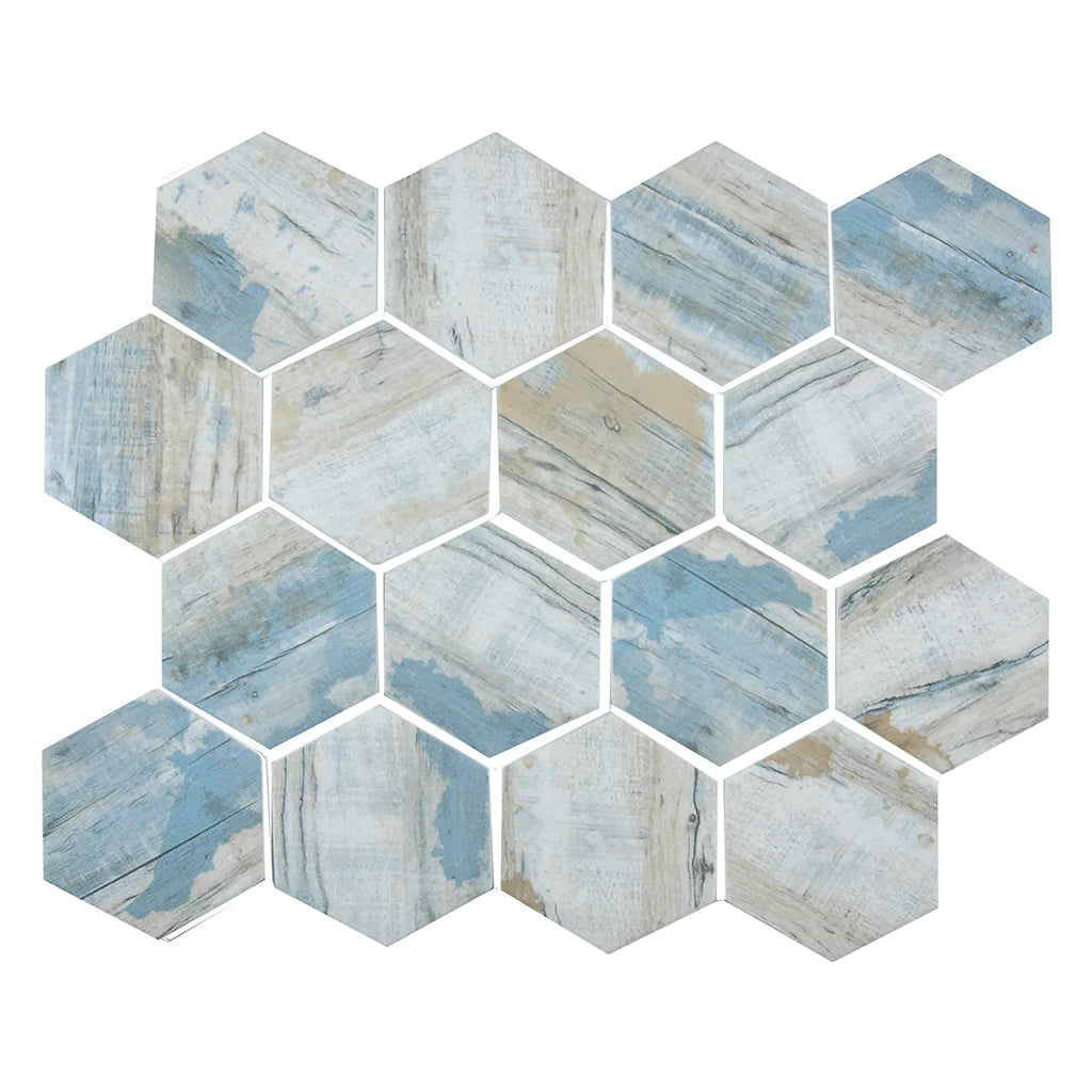 Bay 3" Hexagon on 11.75"x10.25" Mesh Glass Mosaic Tile Bark Series - Aquatica Collection