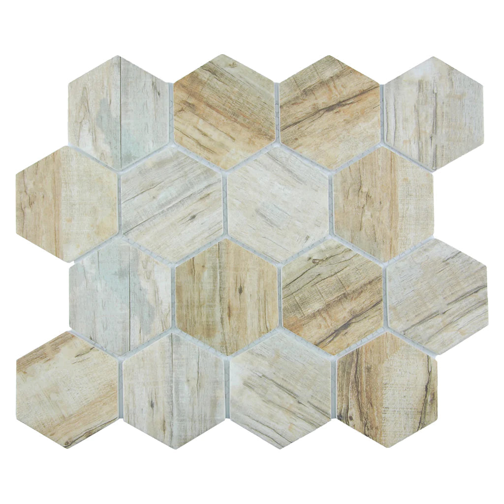 Cinnamon 3" Hexagon on 11.75"x10.25" Mesh Glass Mosaic Tile Bark Series - Aquatica Collection