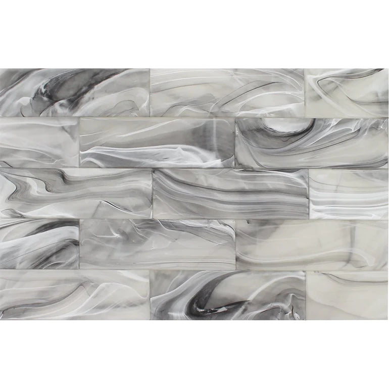 Thunder White on Black 3"x9" Glass Subway Tile Clouds Series - Aquatica Collection