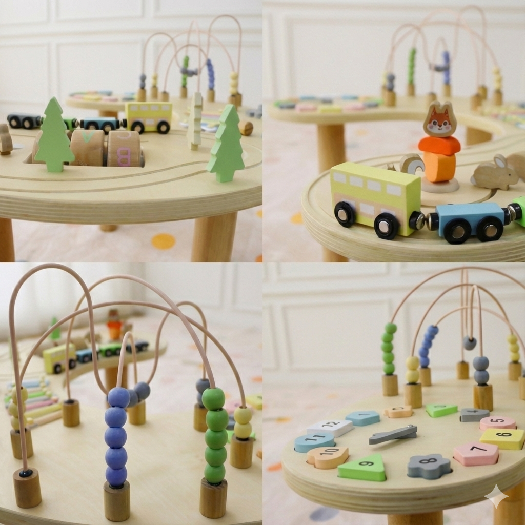 Montessori Wooden Activity Table for Toddlers | 360° Bead Maze, Xylophone, Gears & Roadway, 12 Months+