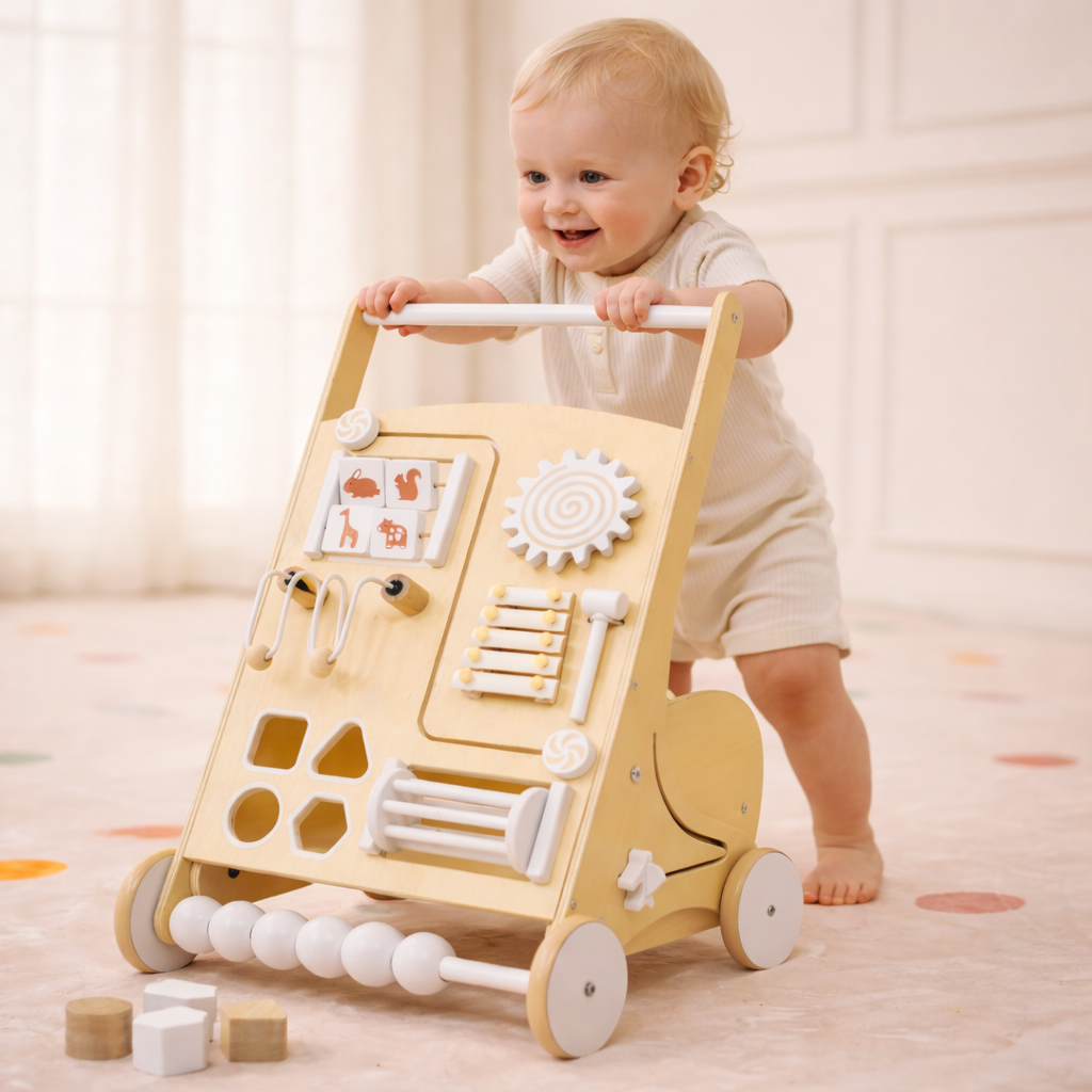 Wooden Baby Push Walker with Activity Panel | Montessori Walker for First Steps