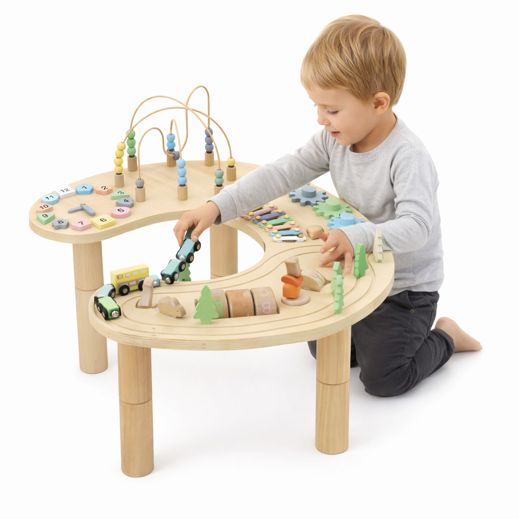 Montessori Wooden Activity Table for Toddlers | 360° Bead Maze, Xylophone, Gears & Roadway, 12 Months+