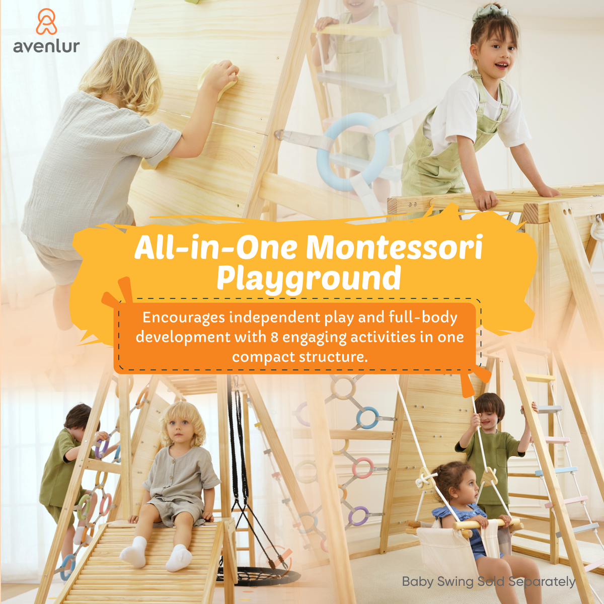 Sweetgum XL | 8-in-1 Indoor Playset for Toddlers with Slide and Swing