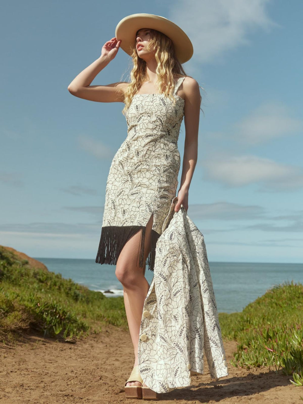 Avery Embroidered Fringe Mini Dress - Sand/Moonless Night Floral Outline Embroidery - FINAL SALE