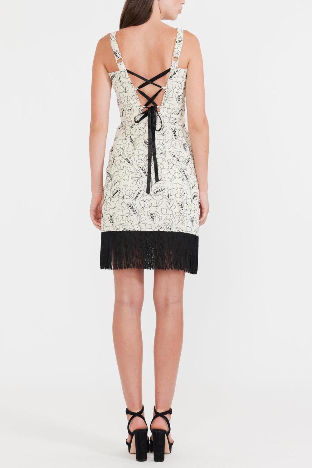Avery Embroidered Fringe Mini Dress - Sand/Moonless Night Floral Outline Embroidery - FINAL SALE