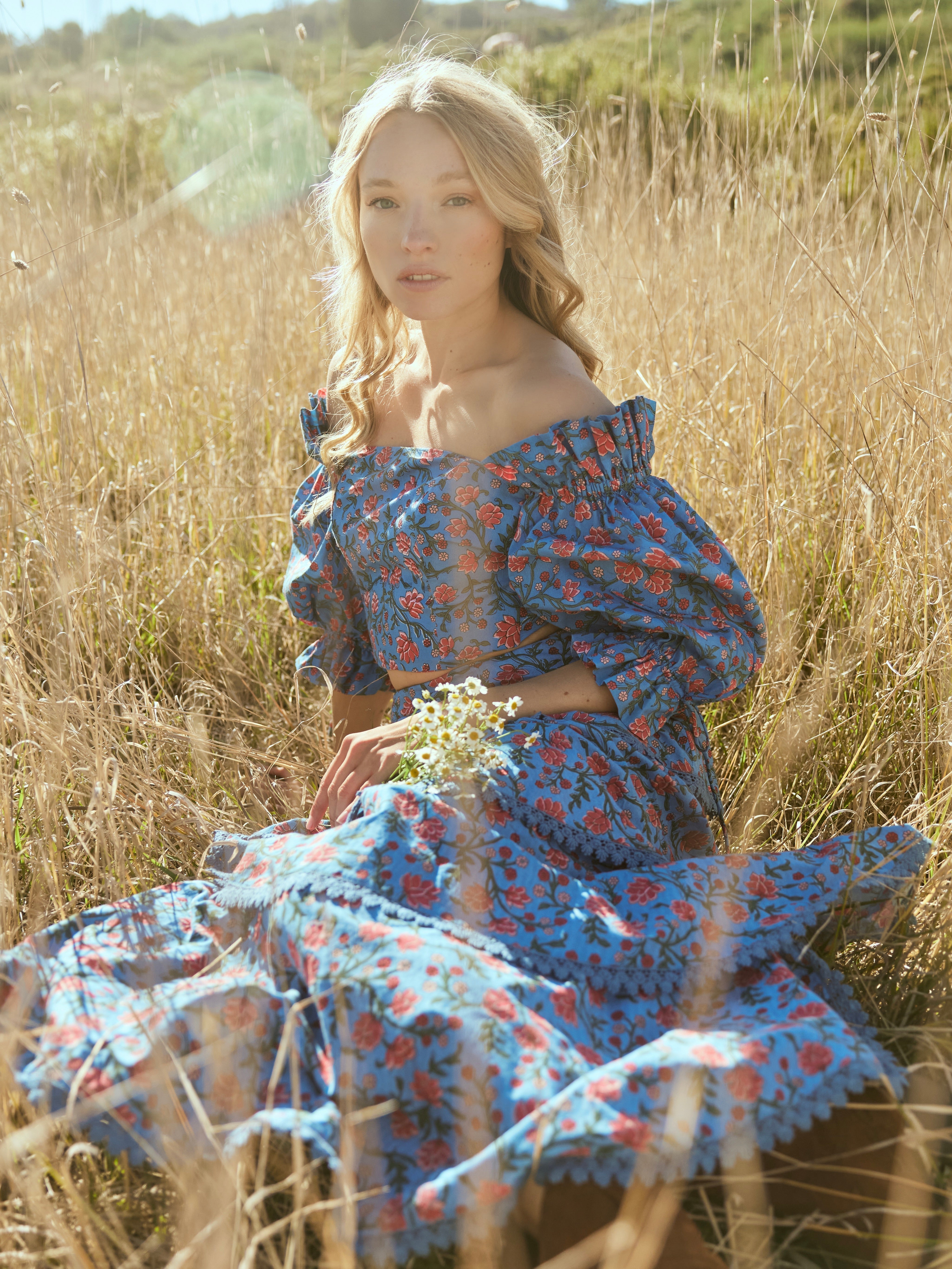 Casey Puff Sleeve Top - French Blue/Punch Bouquet