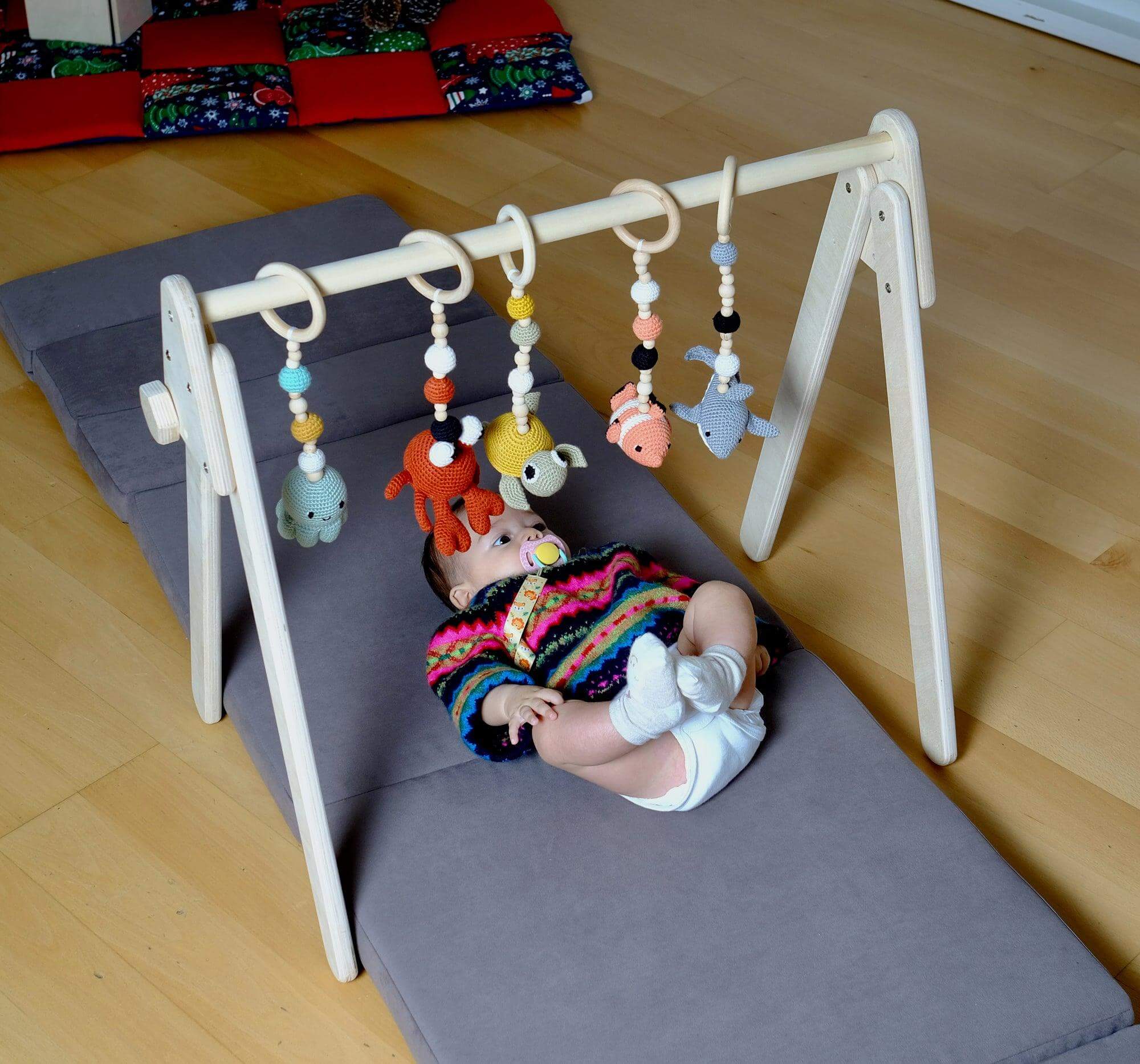 Montessori Baby Gym & Hanging Toys Set | Wooden Play Gym for Babies - Kidodido