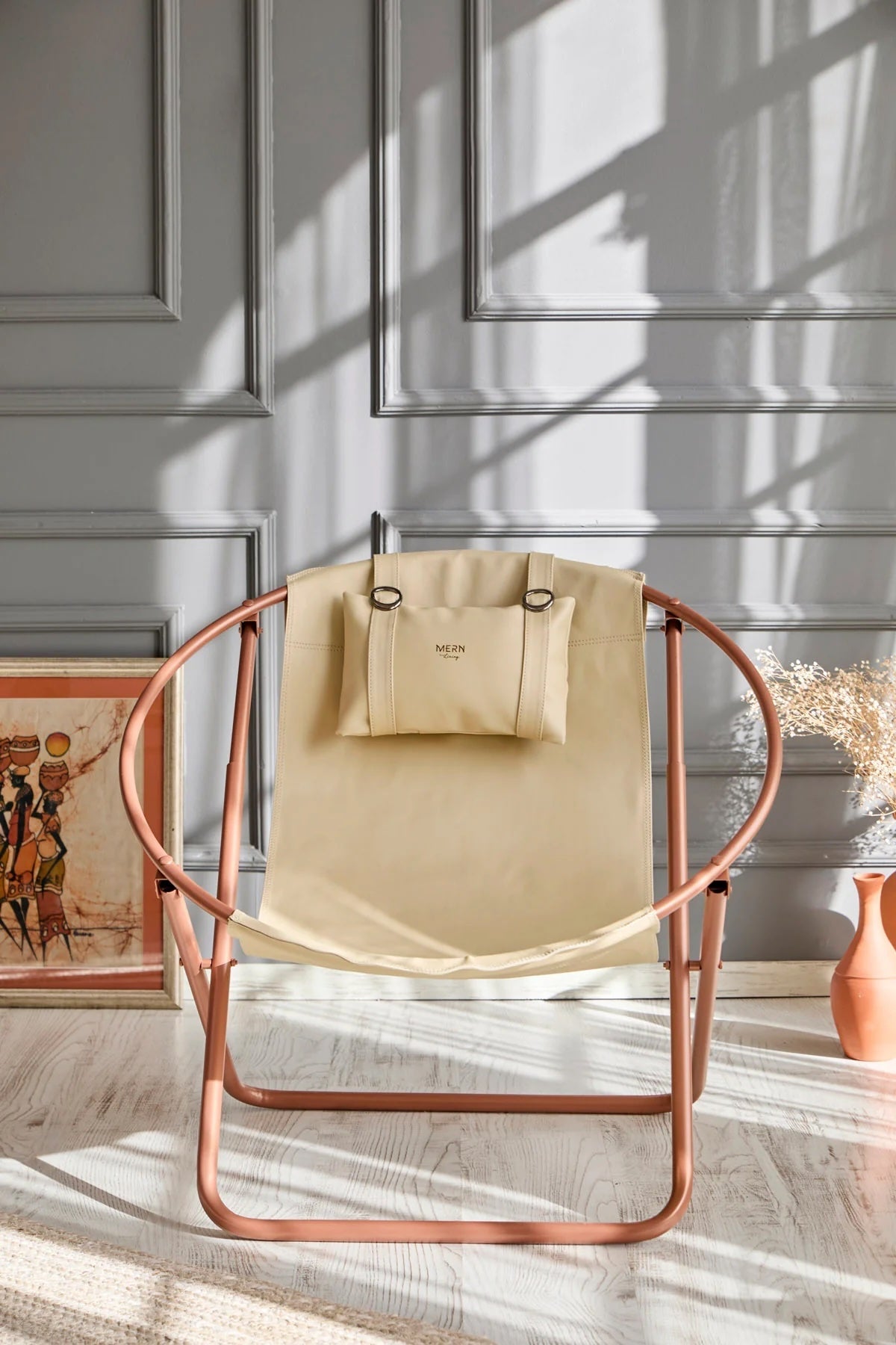 Faux Leather Folding Chair Metal Frame Beige
