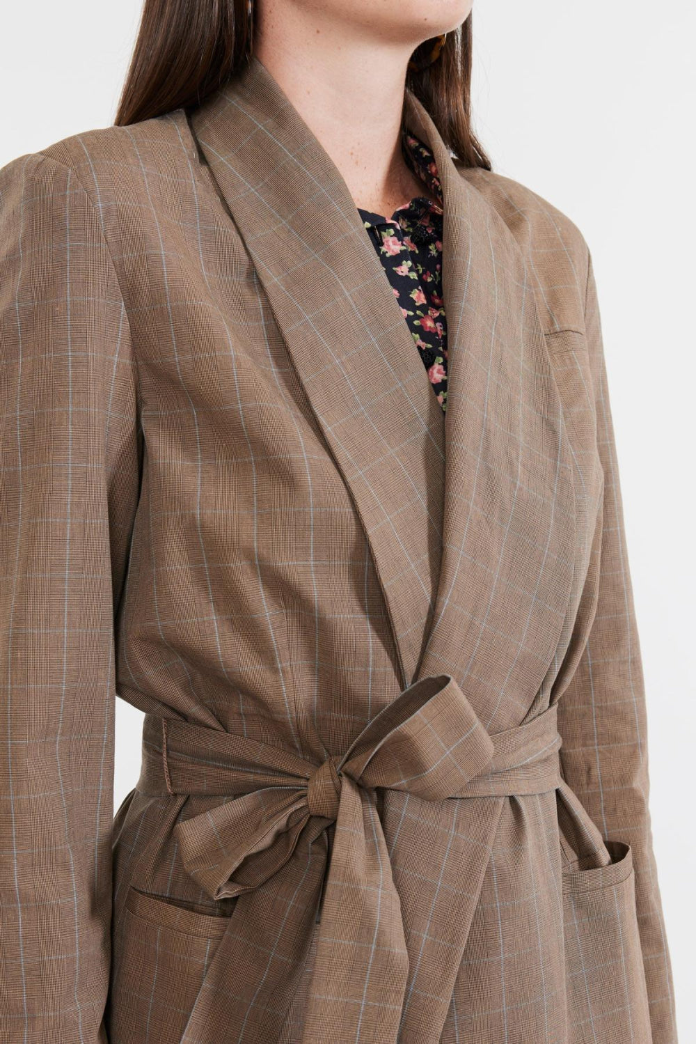 Blazer With Waist Tie - Coco Check with Baby Blue Pinstripe - FINAL SALE