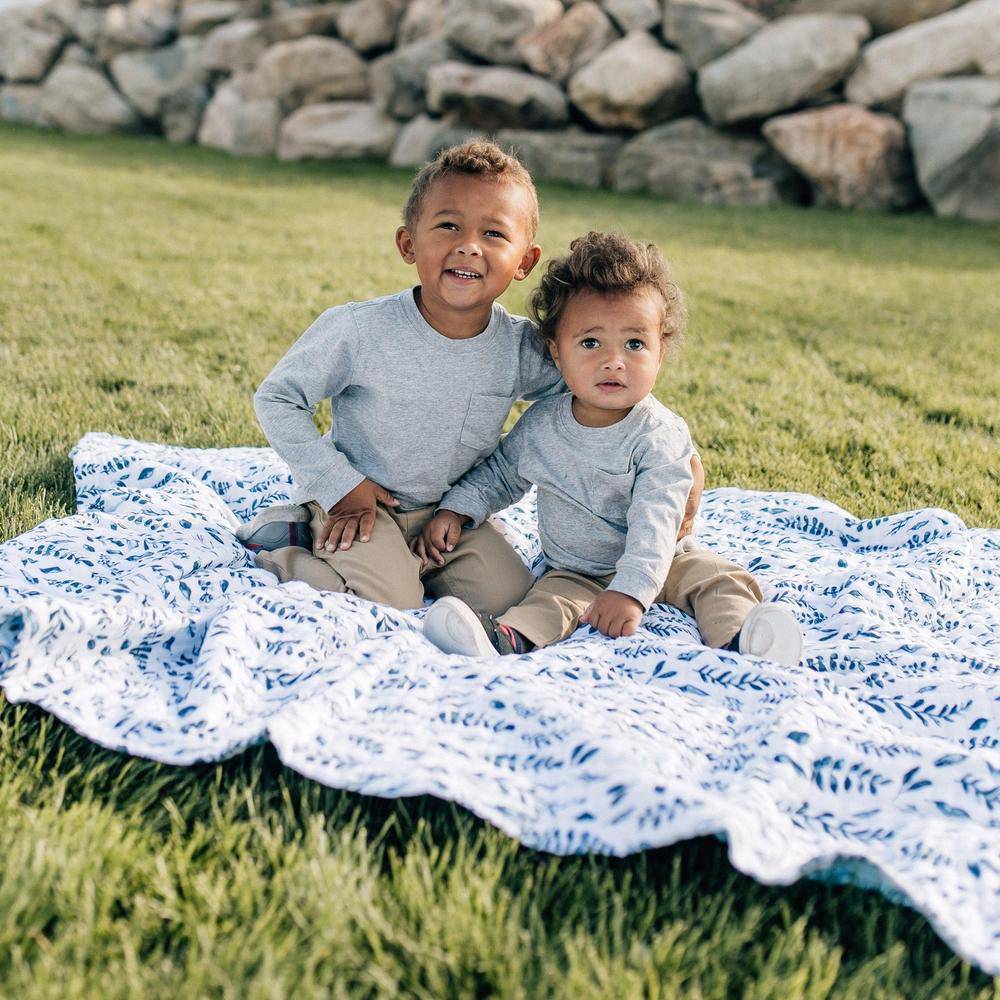 Blue Leaves + Cornflower Classic Muslin Super Snuggle Blanket Super Snuggle Blanket Bebe au Lait   