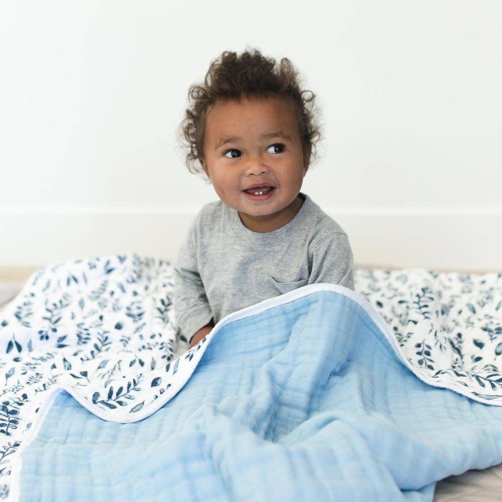 Blue Leaves + Cornflower Premium Cotton Snuggle Blanket Snuggle Blanket Bebe au Lait   