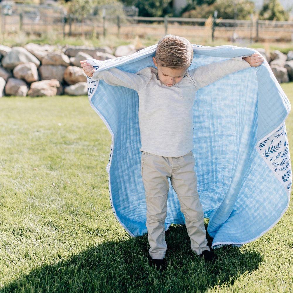 Blue Leaves + Cornflower Premium Cotton Snuggle Blanket Snuggle Blanket Bebe au Lait   