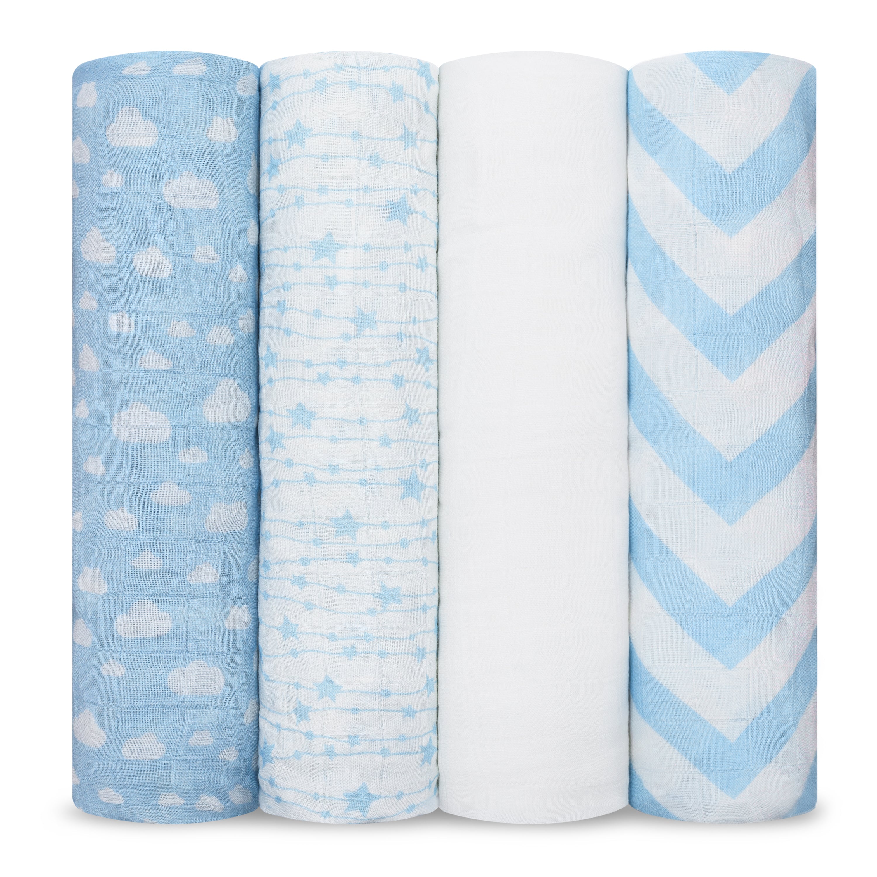 Muslin Swaddle Blankets, 4 Pack by Comfy Cubs - Blue