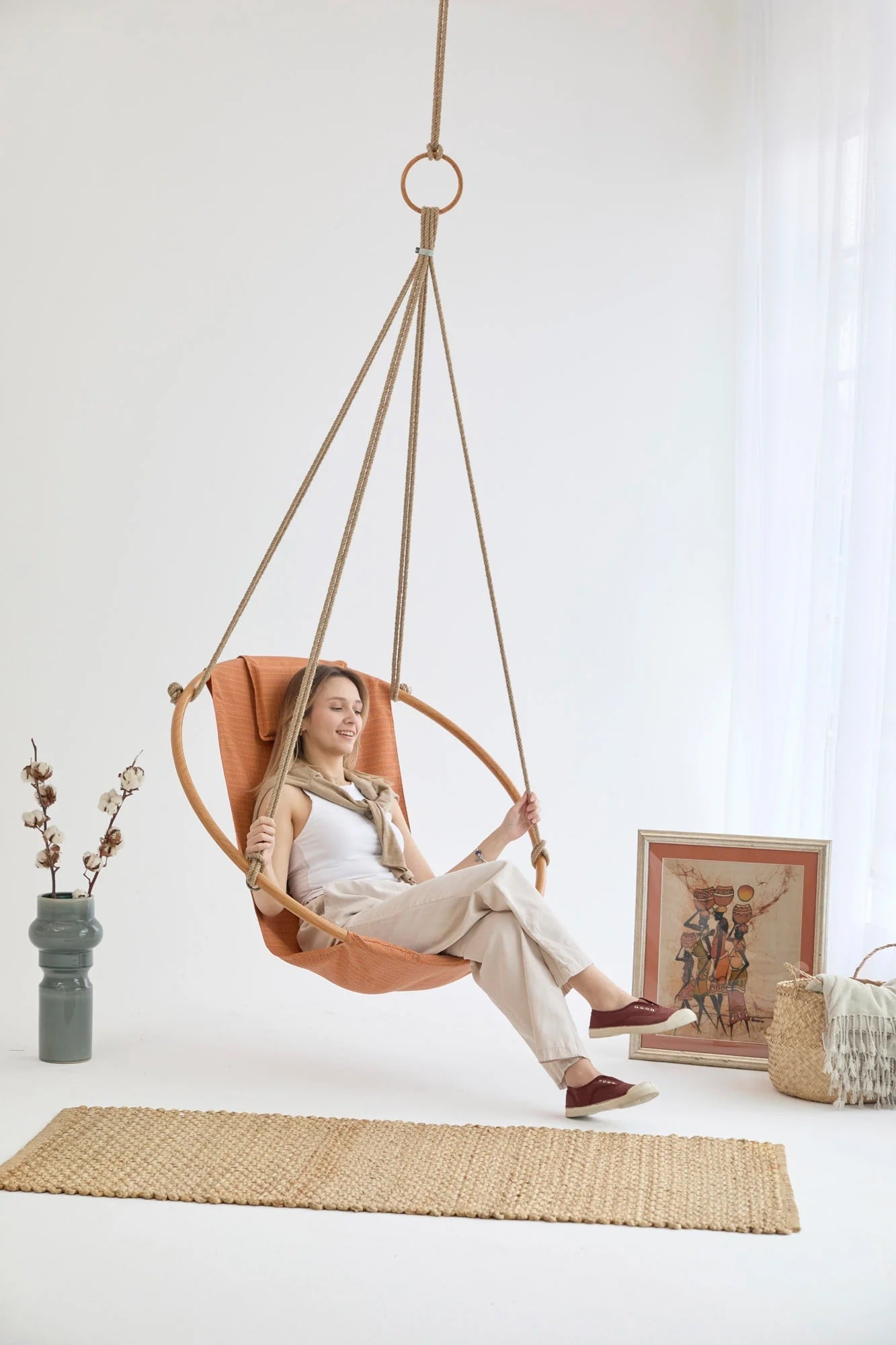 Bresse Rast Blue Round Hanging Chair Teak Frame