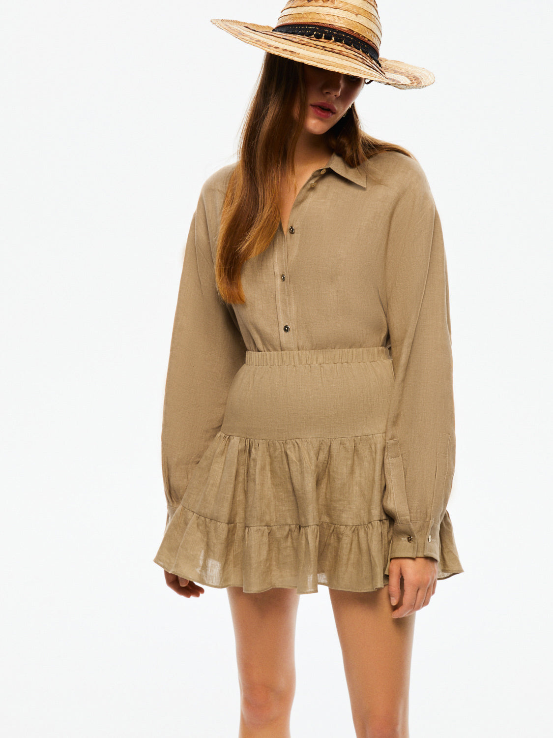 Tiered Mini Linen Skirt - Beige