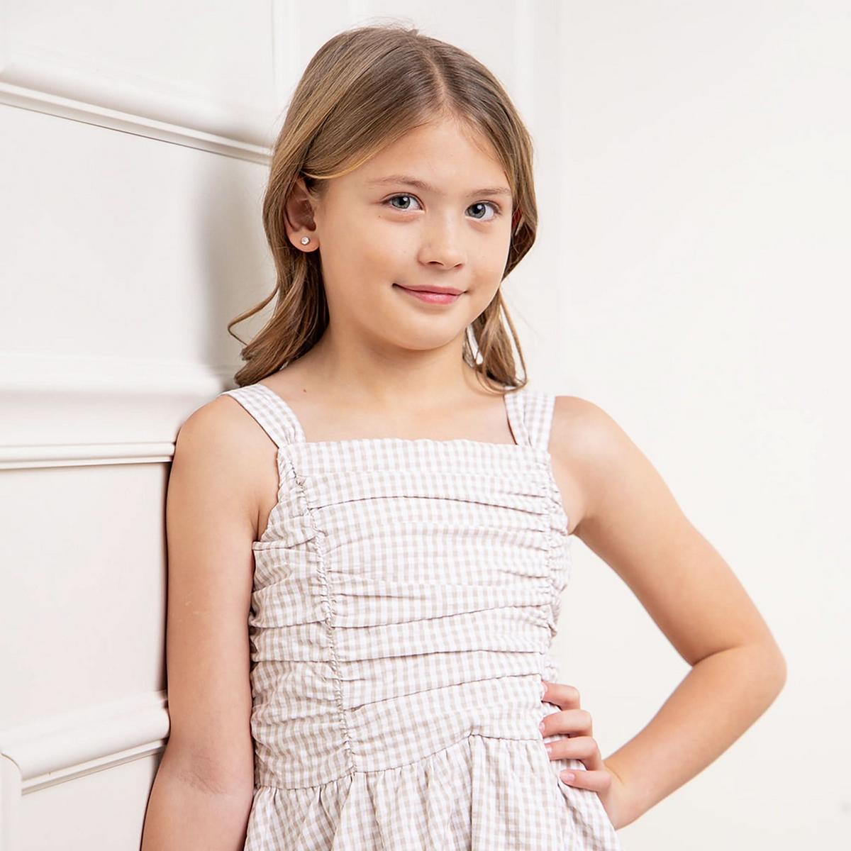 Organic Ruched Bodice Party Dress - Taupe Gingham Seersucker