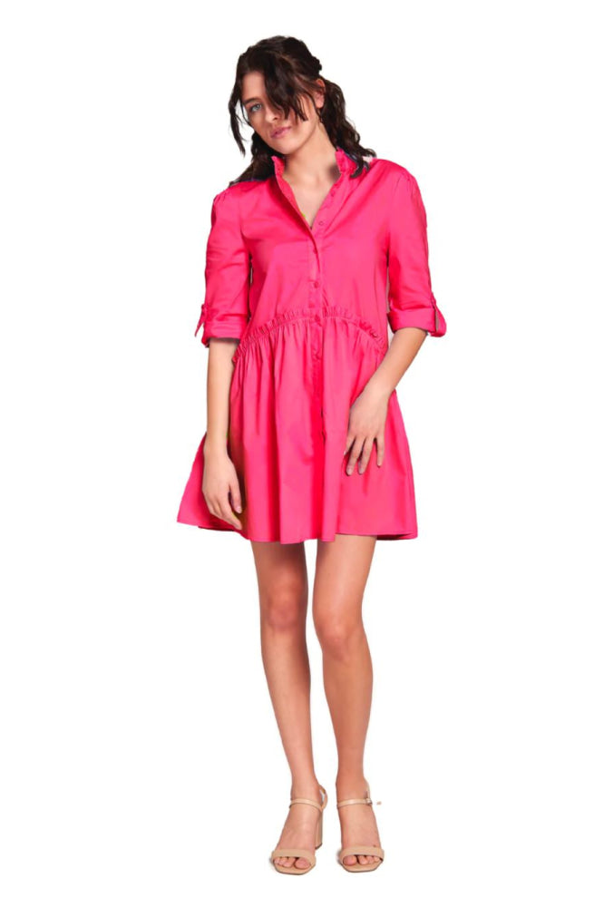 Cammie Ruffle Shirt Dress - Bright Pink