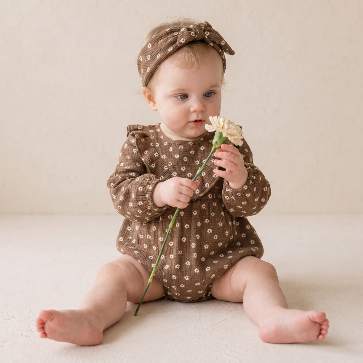 Organic Ruffle Bubble Romper - Chestnut Bloom