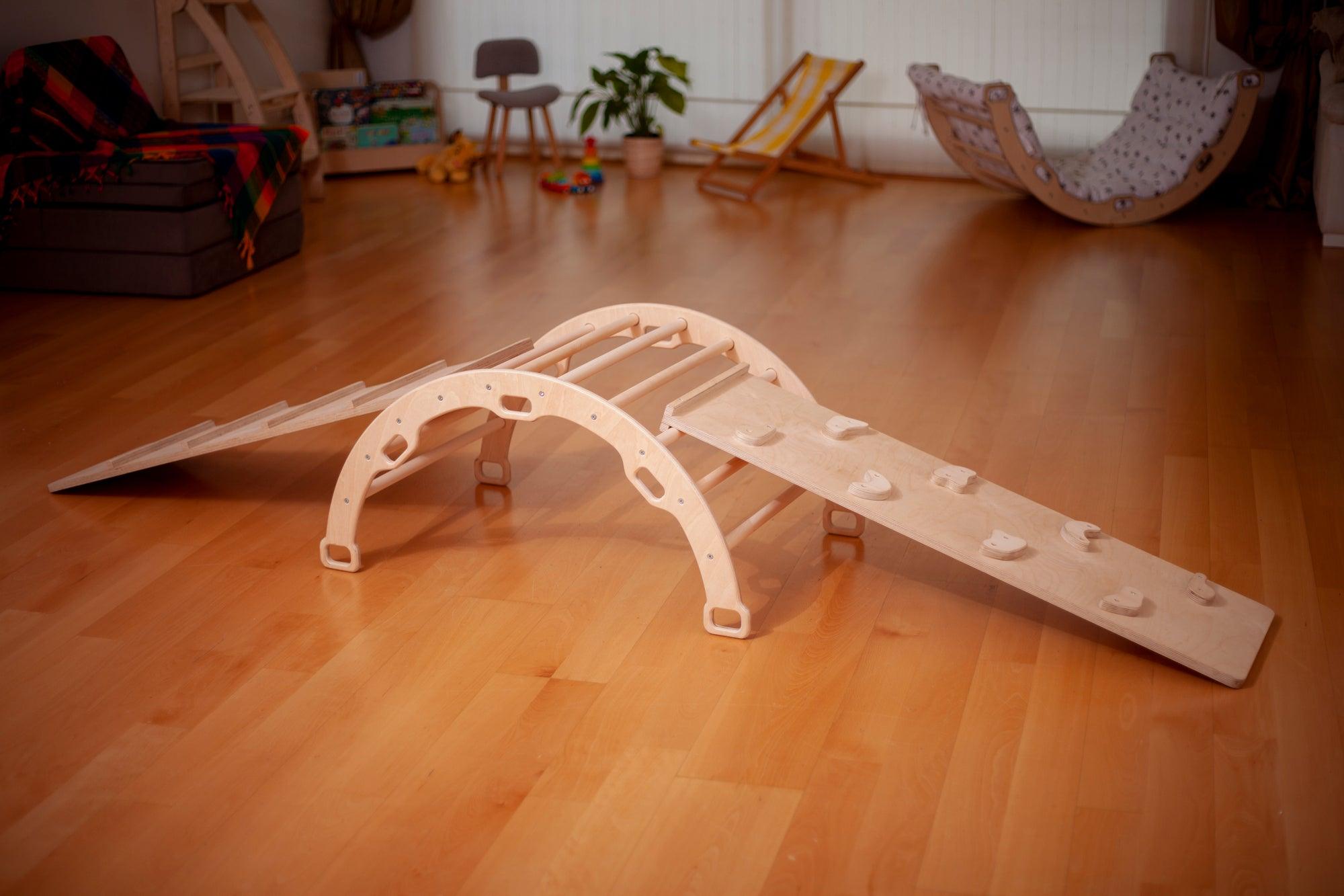 2 Size Montessori Baby Play Climber Set Wooden Climbing Arch Rocker & Ramp & Pillow