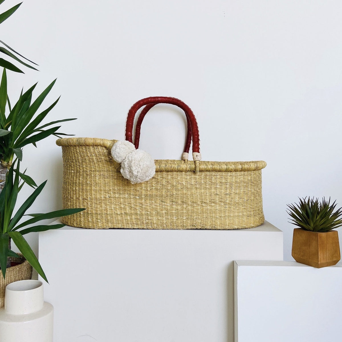 Natural<br> African Moses Basket <br> Cognac + Cream Handle