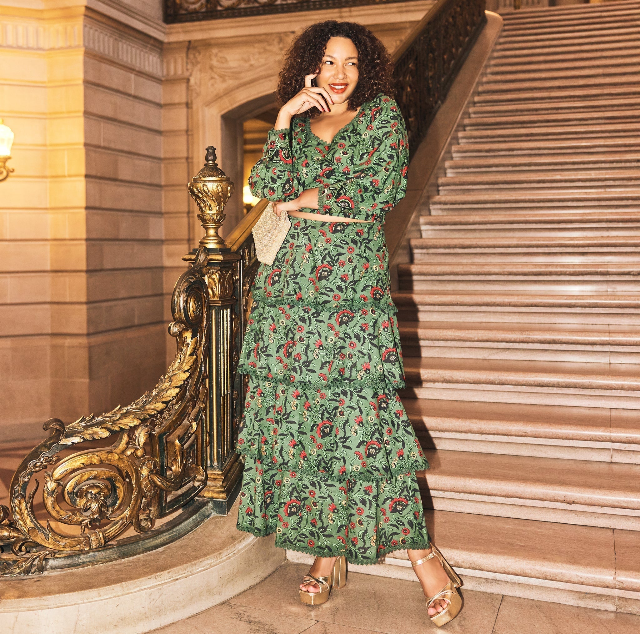 Brenda Tiered Skirt - Forest/Copper & Crimson Floral print