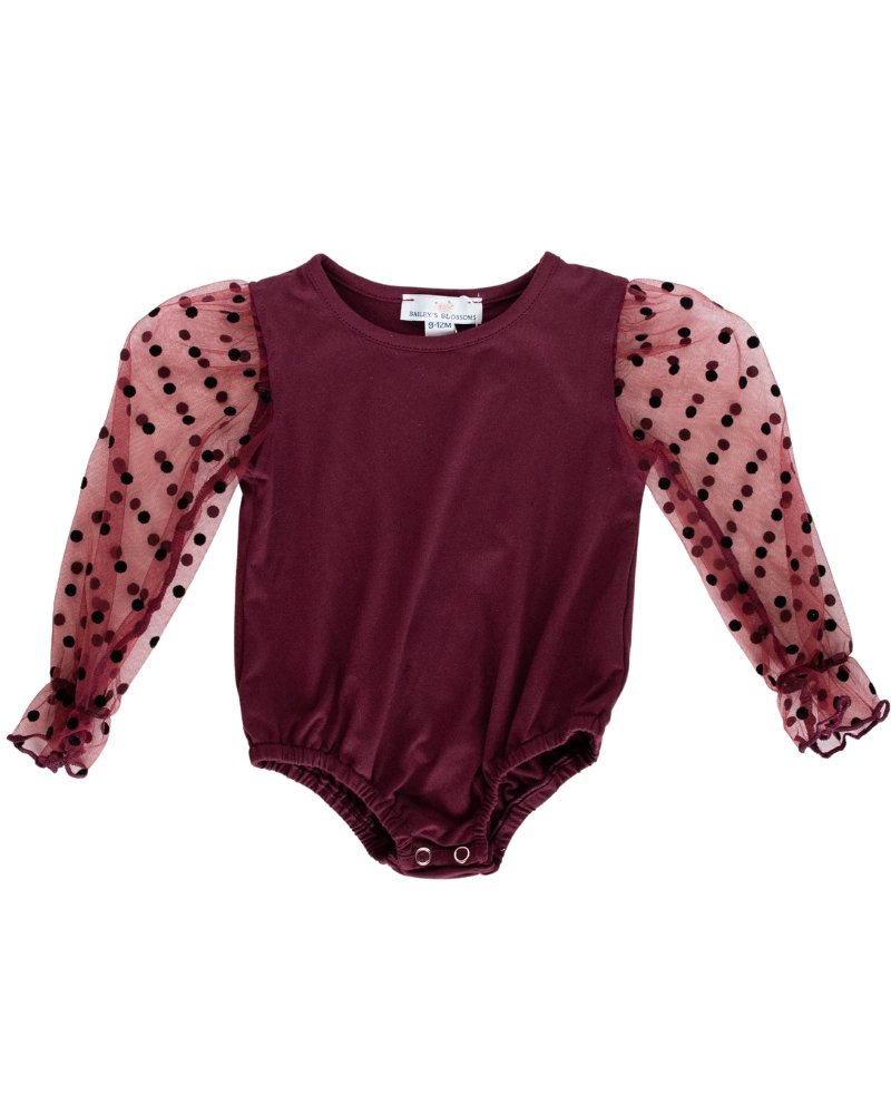 Destinee Sheer Dot Sleeve Leotard - Wine