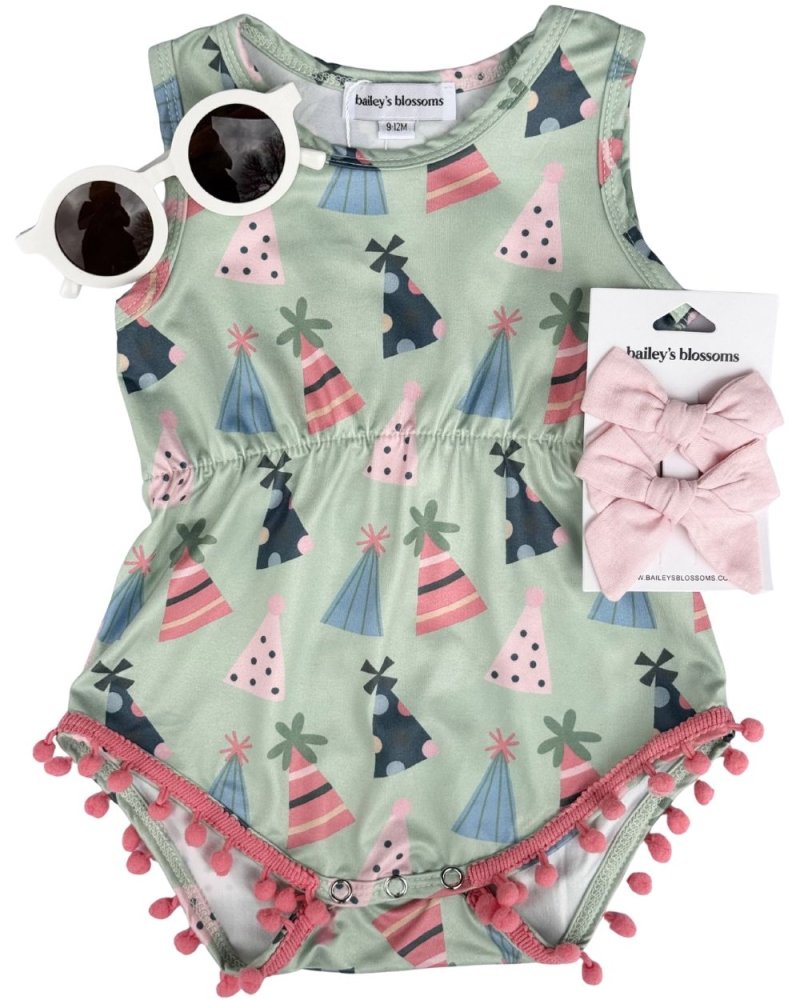 Dillon Pom Pom Romper - Party Hats