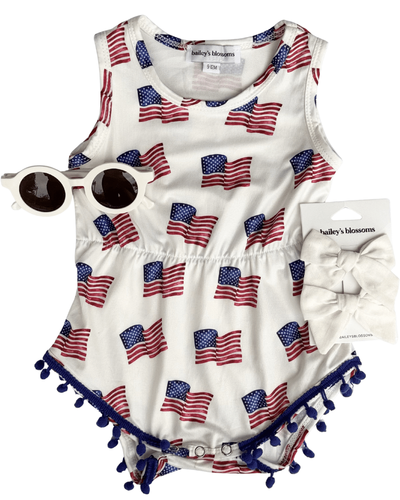 Dillon Pom Pom Romper - Patriotic Flags