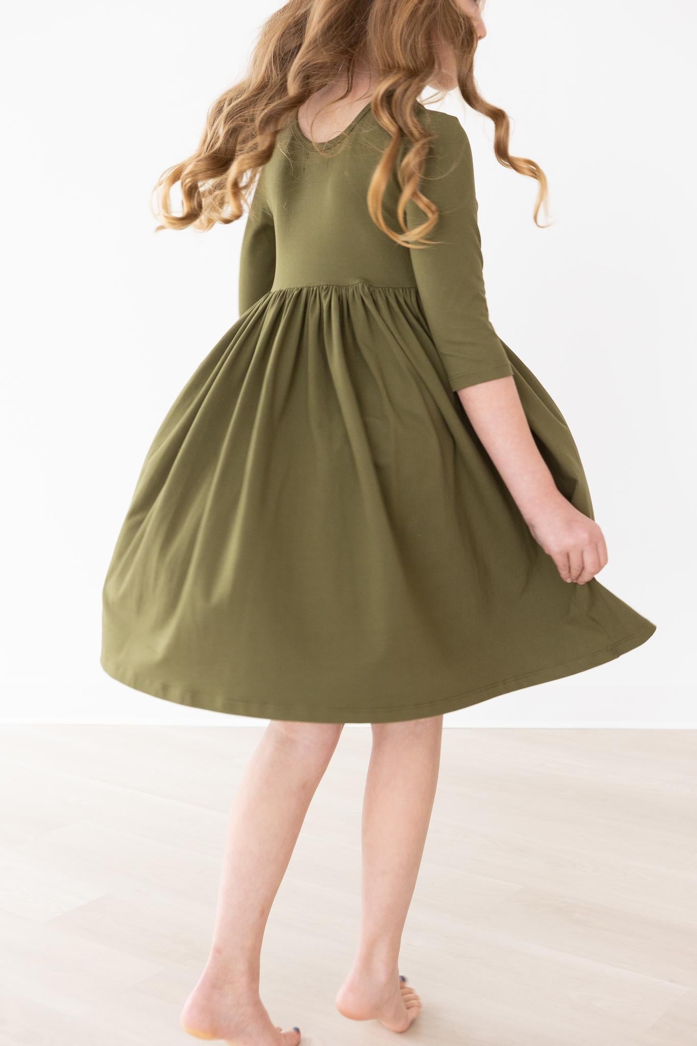 Olive 3/4 Sleeve Pocket Twirl Dress