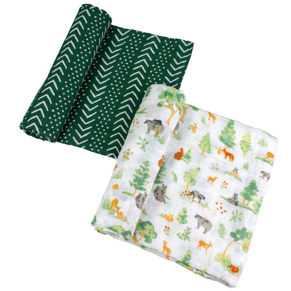 Muslin Swaddle Blanket Set Premium Cotton  Forest Friends + Mudcloth Swaddle Blanket Bebe au Lait   