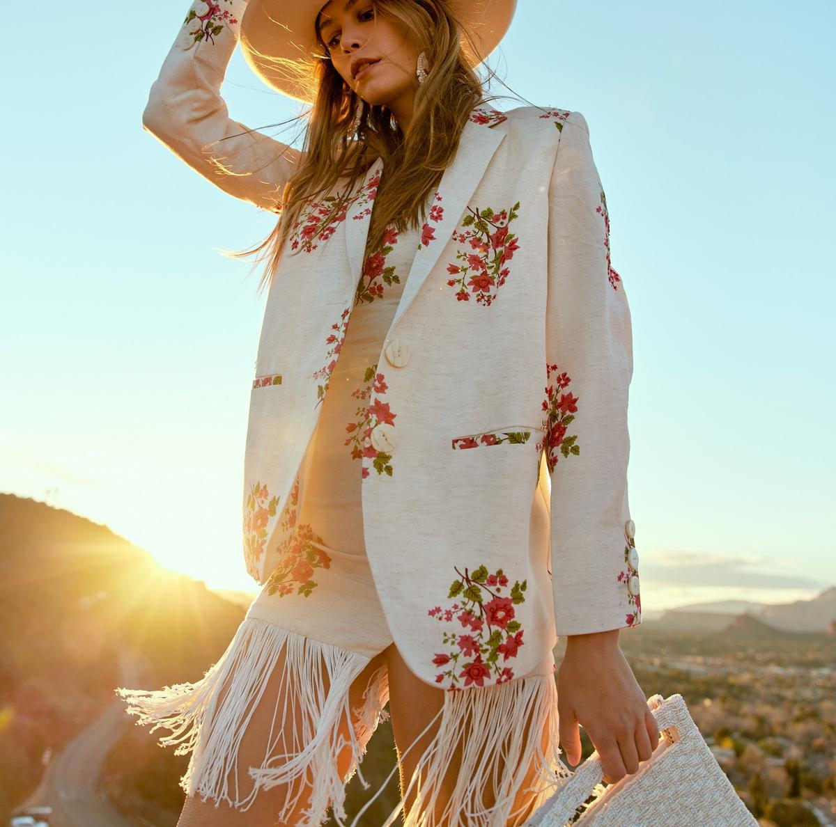 Amber Beaded Mini Fringe Dress - Oatmeal & Ruby floral beading