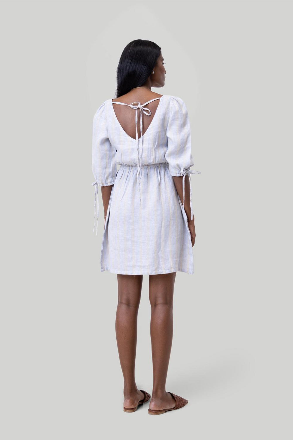 Gathered Elbow Sleeve Short Dress - Textured Stripes