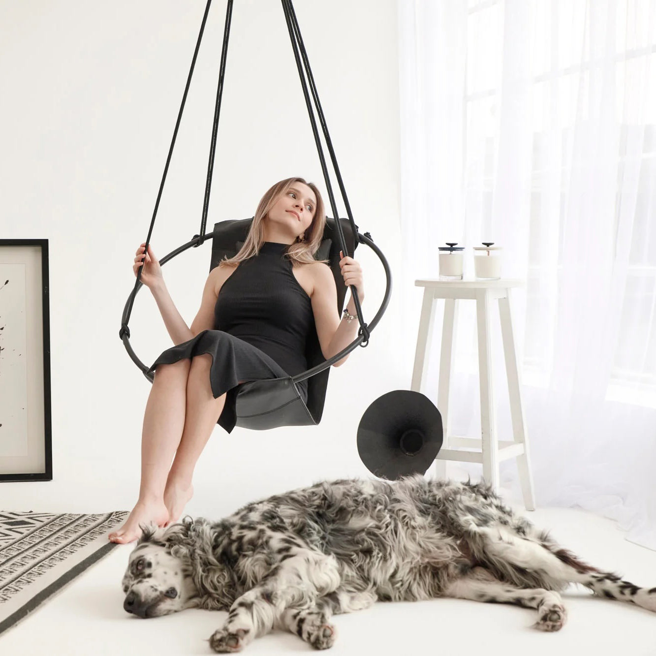 Genuine Leather Round Hanging Chair Black
