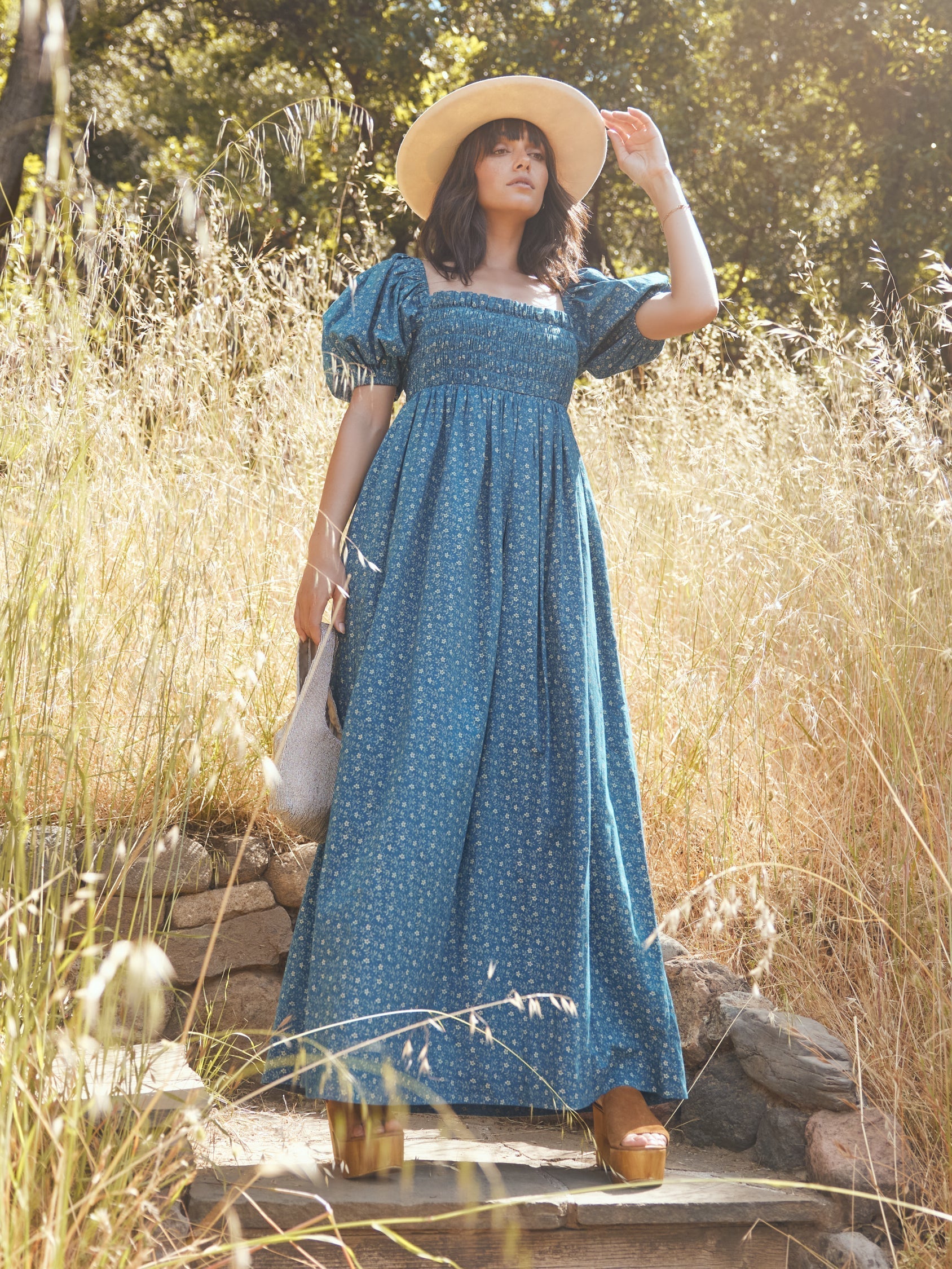 Aurora Puff Sleeve Maxi Dress - Queen Blue/Mini Alabaster Floral print