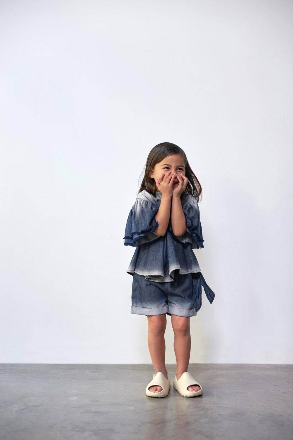 Girls Distressed Chambray Flared Top - Indigo