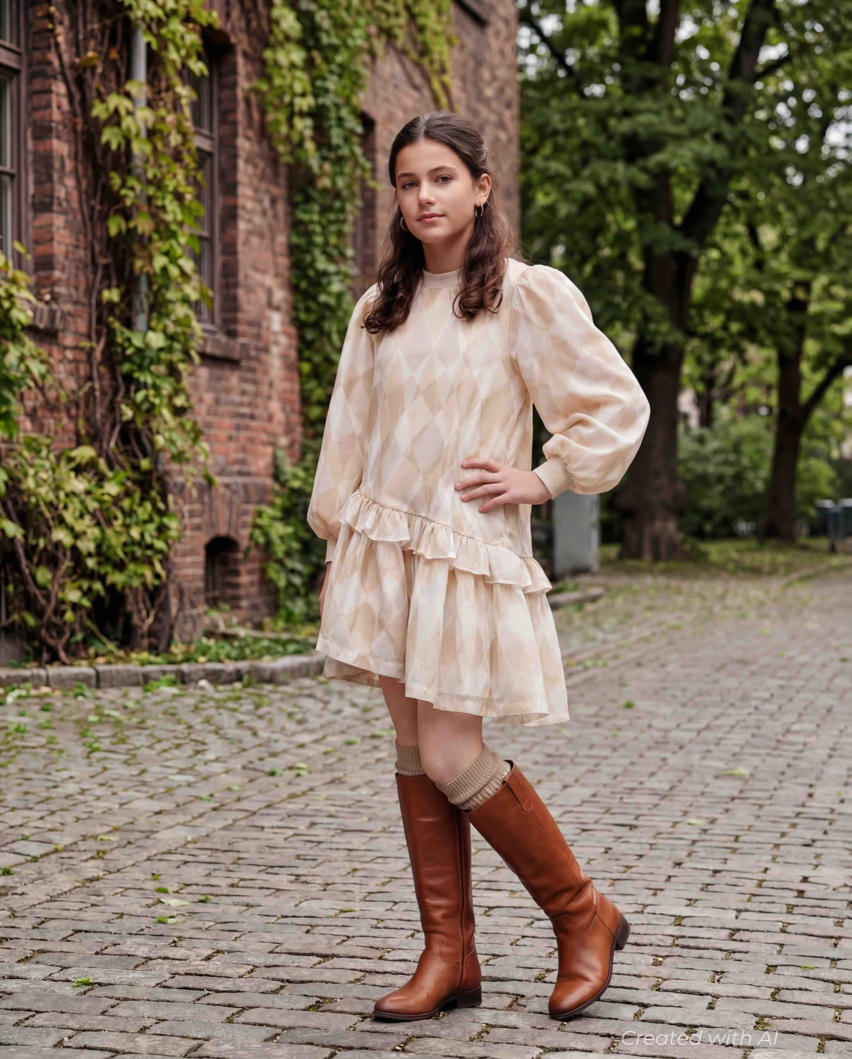 Girls Hi-Low Organza & Terry Dress - Beige