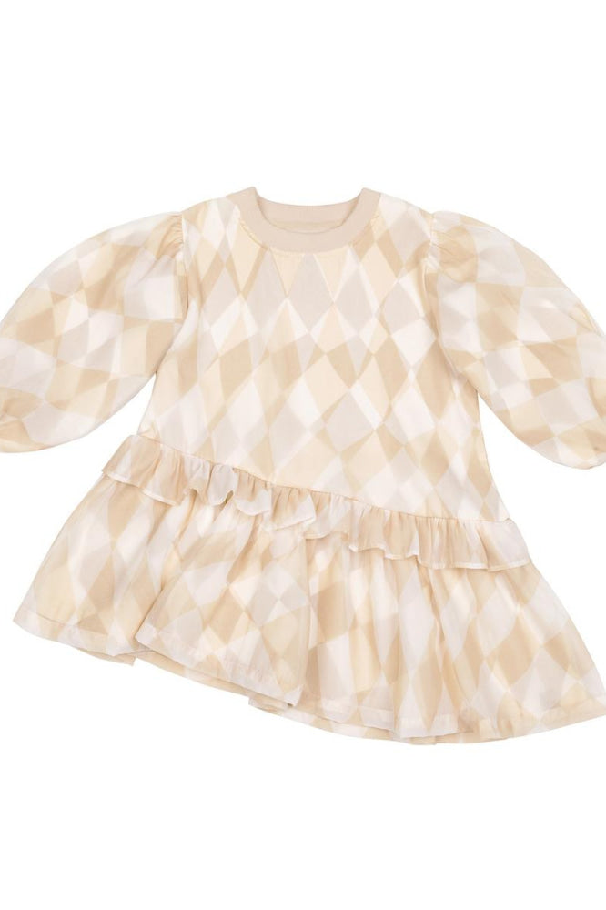 Girls Hi-Low Organza & Terry Dress - Beige