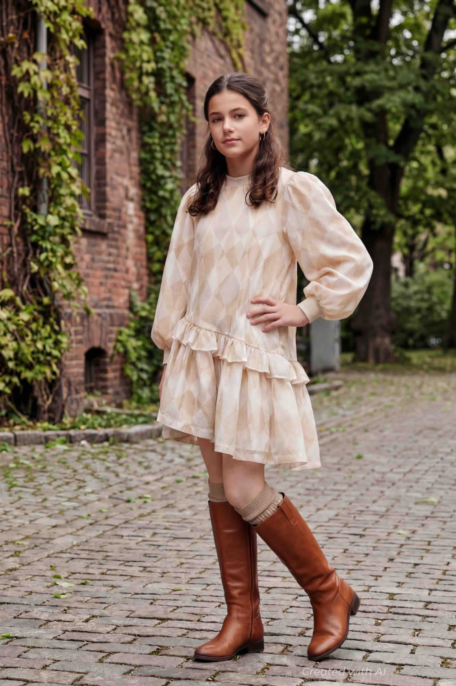 Girls Hi-Low Organza & Terry Dress - Beige