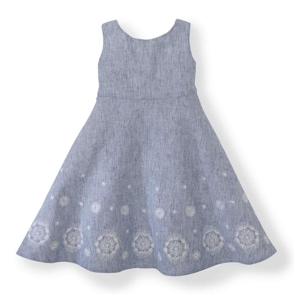 Fit and Flare Dress with Embroidered Hem - Blue Micro Stripe