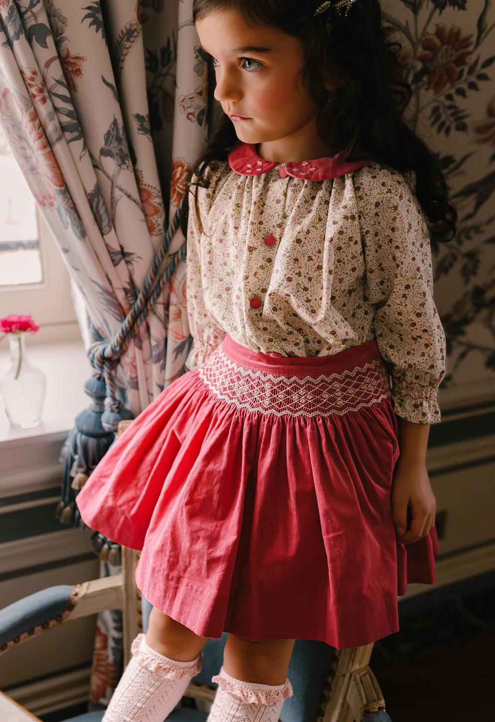 Marie Pink Floral Smocked Skirt & Blouse
